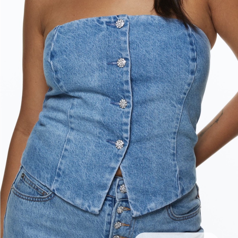 H&M denim rhinestone button corset top